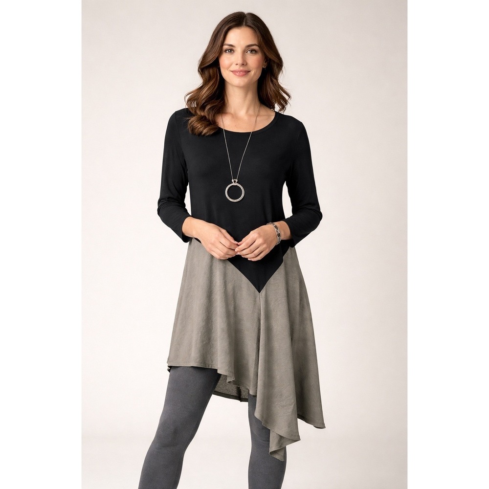Sun Kim Asymmetrical Tunic Top‎ Womens S Black Gray Flowy Boho Lagenlook Draped
